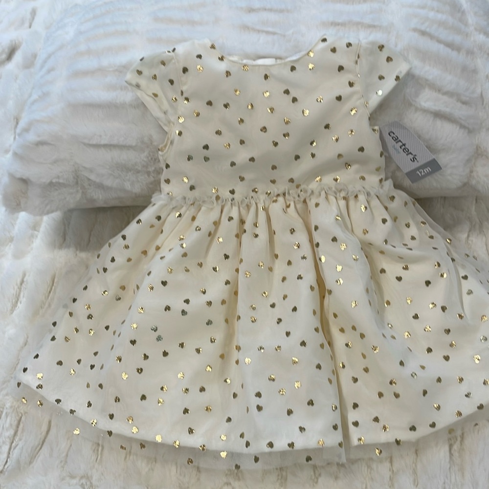 NWT Carters 12M gold hearts on a cream colored dress. Great for Valentines Day.